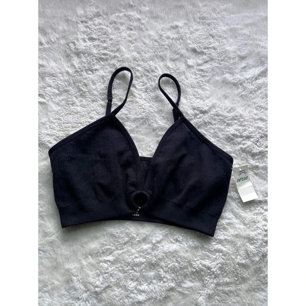 Aerie Womens Seamless Ribbed O-Ring Bralette Black V-Neck Adjustable M 3404-073